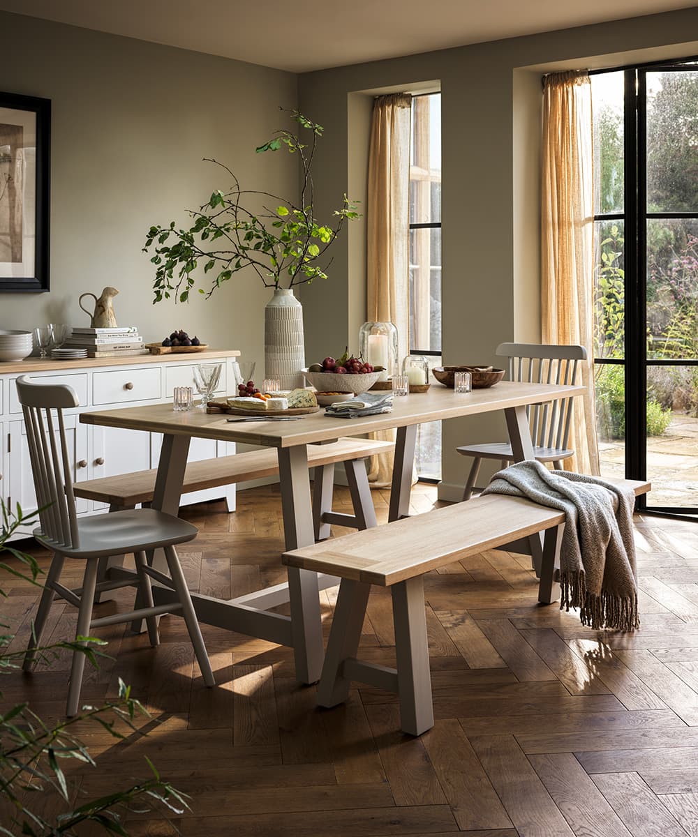 dining table set with chairs and benches