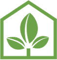 Green leaf inside a house outline, symbolizing eco-friendly or sustainable practices.