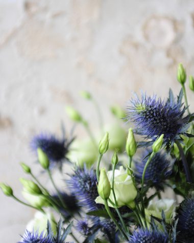 lisianthus, thistles, aging wall, styling, flowers