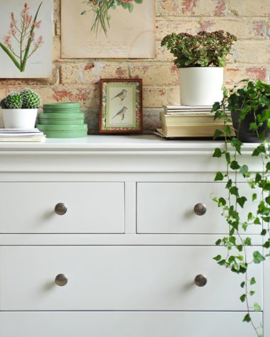 white bedroom furniture, white chest of drawers, brick wall, ivy