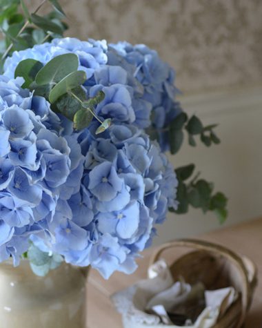 blue hydrangeas, eucalyptus, flowers, table, blooms2